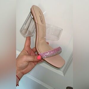 LADIES SQUARE TOE SANDAL BACKLESS RHINESTONE NUDE CLEAR HEELS